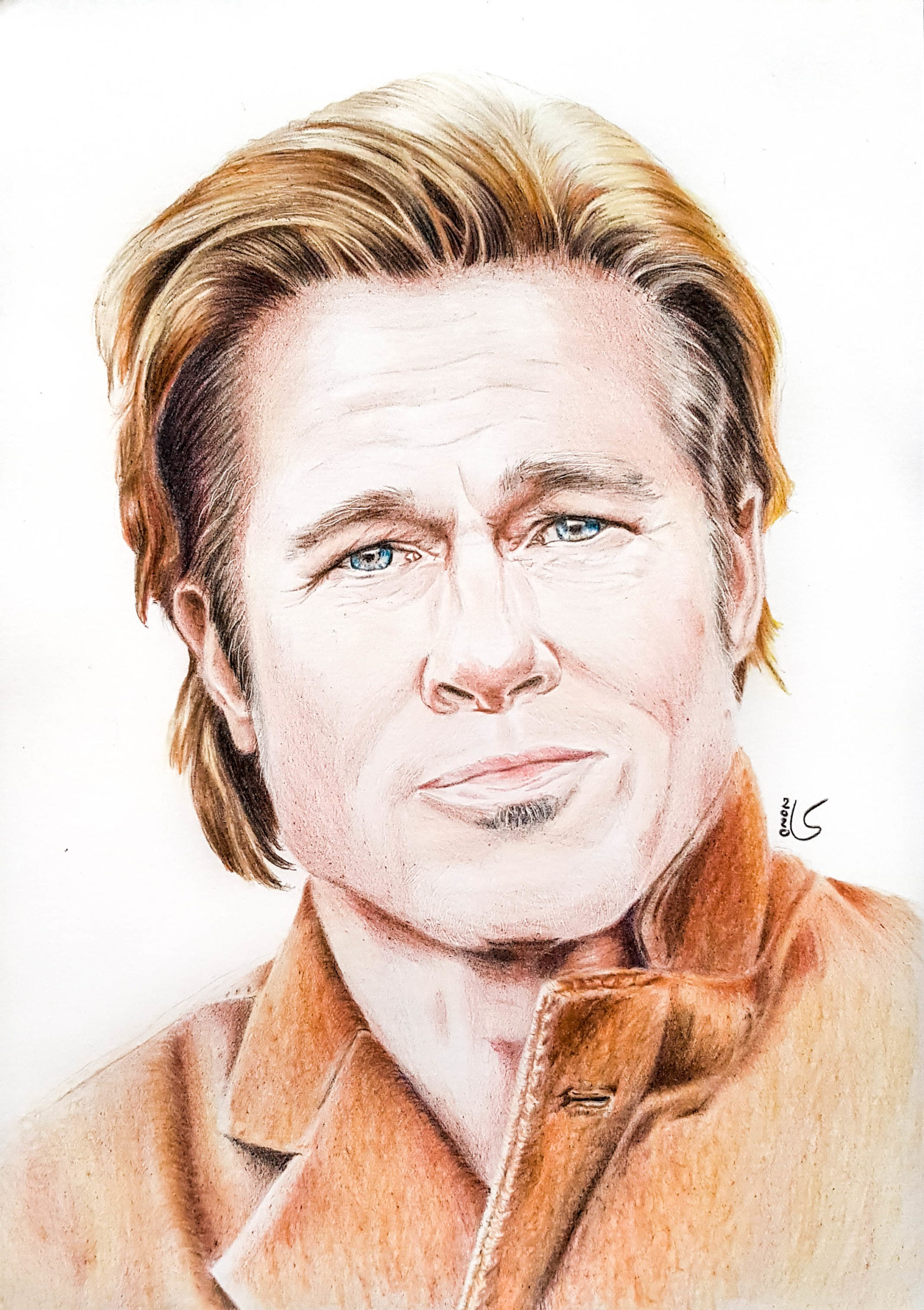 Portrait de Brad Pitt aux crayons de couleurs par Laurie Sénacq