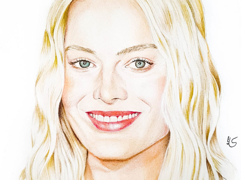 Portrait de Margot Robbie aux crayons de couleurs par Laurie Sénacq