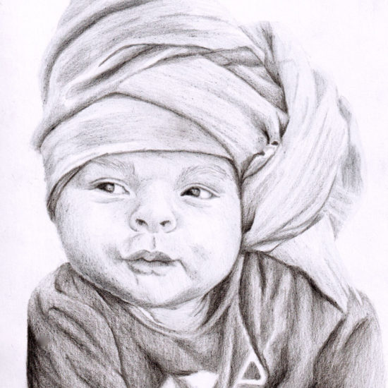 Portrait de bébé aux crayons de couleur réalisé par l'artiste Laurie Sénacq
