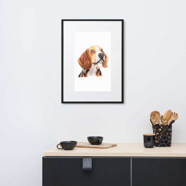 Poster en papier mat éncadré chien beagle noir. Impression de l'oeuvre de l'artiste Laurie Sénacq en 50x70 cm